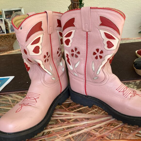 TONY LAMA COWBOY BOOTS COW GIRL PINK SZ 6D SHORT PULL ONS VINTAGE - Picture 3 of 9